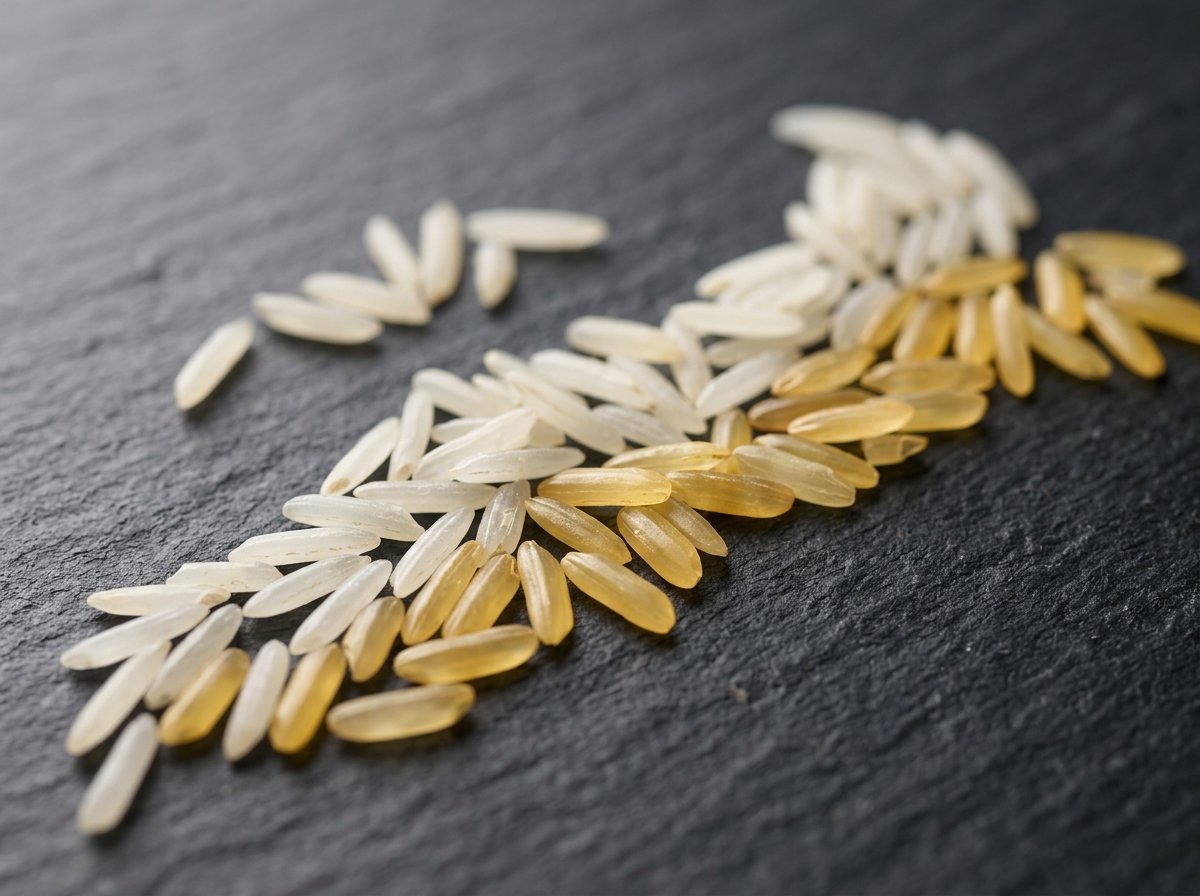 Macro view of 1121 Extra Long Grain Basmati rice grains on dark stone